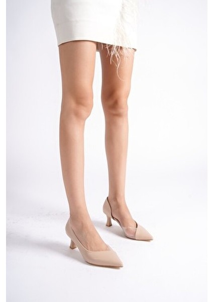 Kısa Kadeh Topuklu Stiletto Kadın Ayakkabı Suni Deri Ten Rengi Şık Tasarım