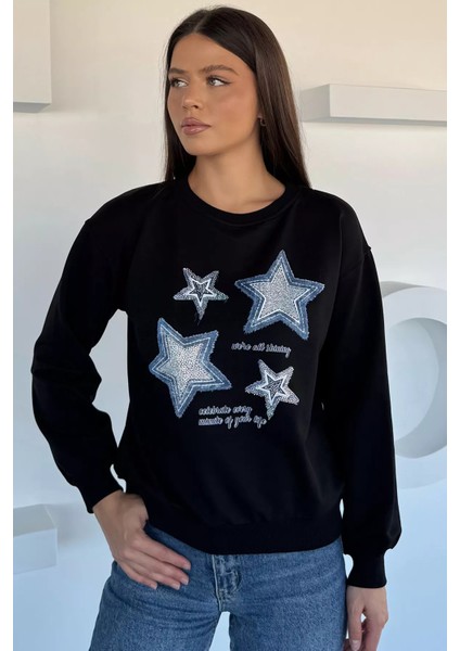 Kadın Bisiklet Yaka Baskılı Taş Işlemeli Sweatshirt P-00018552 fiyatları