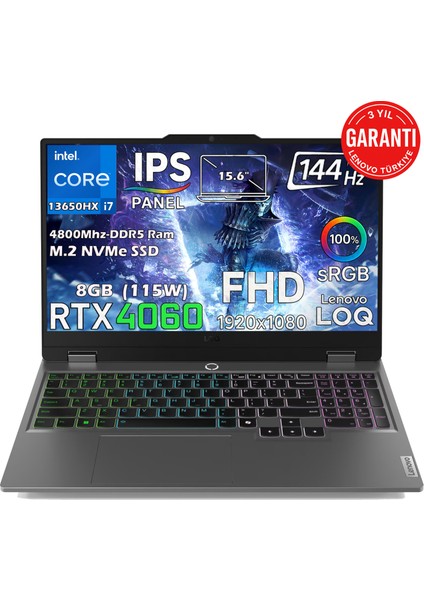LOQ 15IRX9 Intel Core İ7 13650HX 32GB 512GB SSD RTX 4060 (115W) 15.6" sRGB 144Hz FHD IPS Panel Freedos Taşınabilir Bilgisayar 83DV011ETR