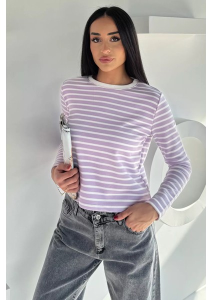 Kadın Bisiklet Yaka Çizgi Desenli Sweatshirt P-00018591 fiyatları