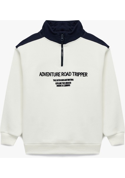 Uzun Kollu Renk Bloklu Baskılı Dik Yaka Yarım Fermuarlı Sweatshirt