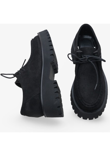 Kadın Loafer Kalın Taban Bağcıklı Günlük Ayakkabı Ferisley Siyah Süet