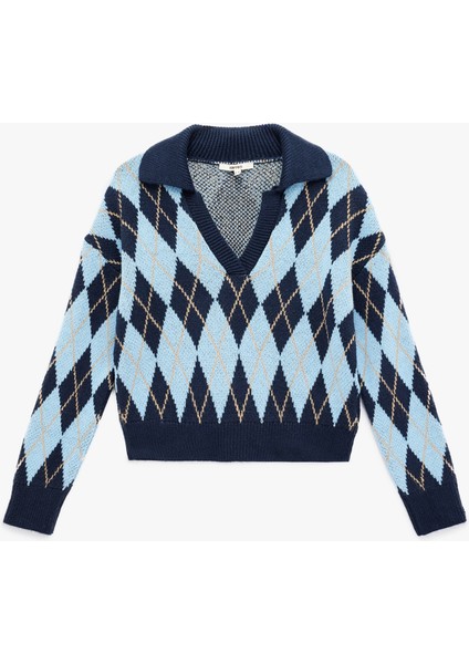 Uzun Kollu Baklava Desenli Polo Yaka Triko Oversize Kazak