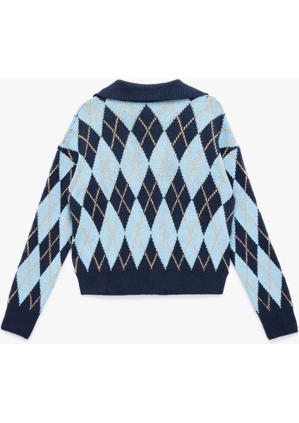 Uzun Kollu Baklava Desenli Polo Yaka Triko Oversize Kazak fiyatları