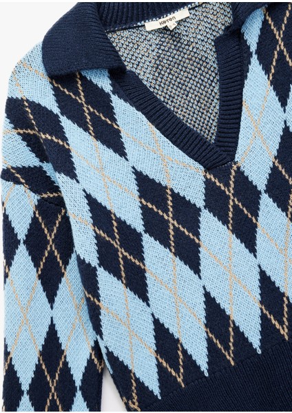 Uzun Kollu Baklava Desenli Polo Yaka Triko Oversize Kazak modelleri