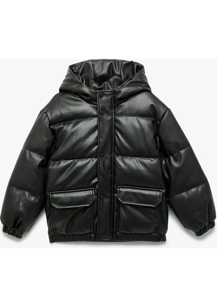 Uzun Kollu Kapşonlu Suni Deri Ceket