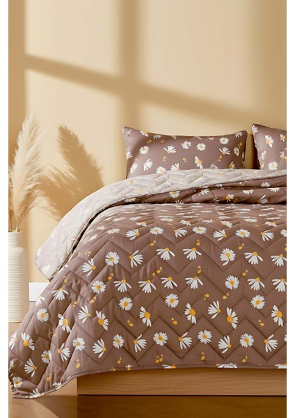 Kahve Papatyalı Çift Kişilik Pamuklu Kapitone Pike & Yatak Örtüsü