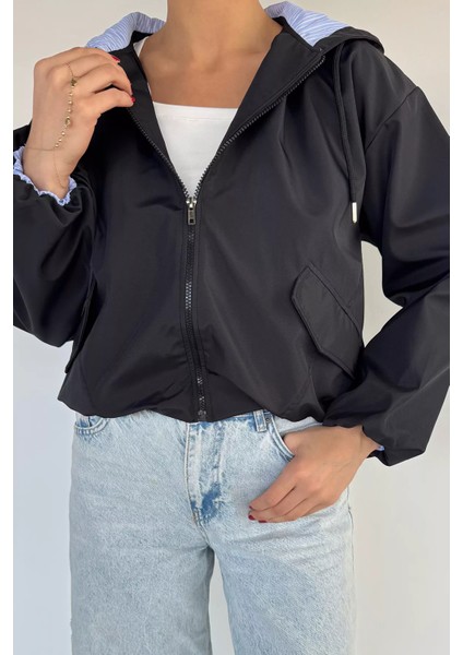 Kadın Kapüşonlu Bel Lastikli Çift Cepli Mevsimlik Mont P-00018577