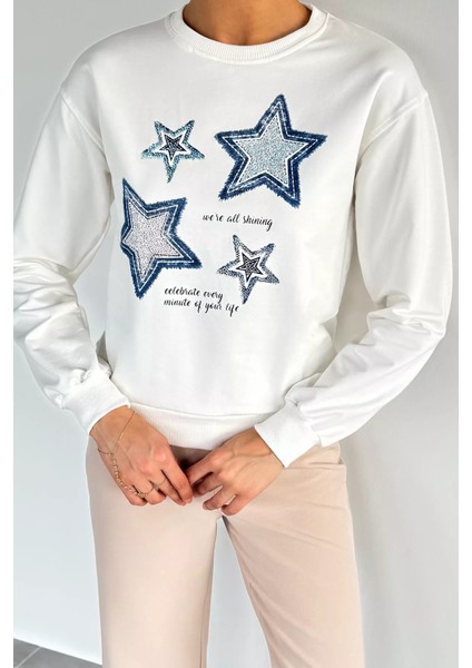 Kadın Bisiklet Yaka Baskılı Taş Işlemeli Sweatshirt P-00018552