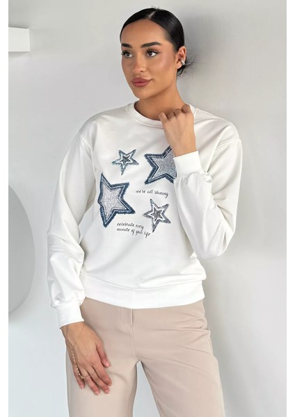 Kadın Bisiklet Yaka Baskılı Taş Işlemeli Sweatshirt P-00018552 fiyatları