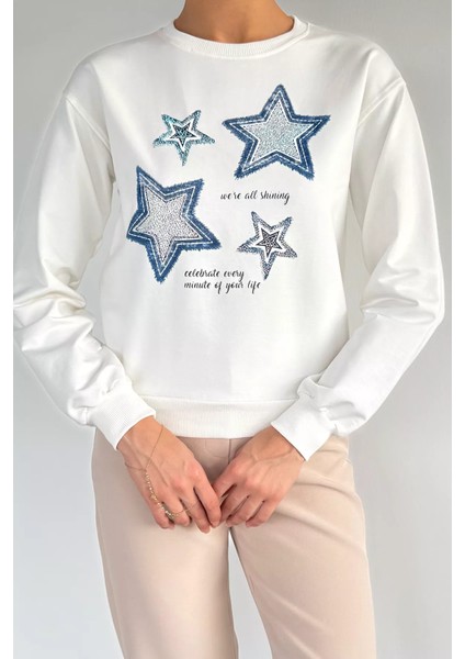 Kadın Bisiklet Yaka Baskılı Taş Işlemeli Sweatshirt P-00018552 modelleri