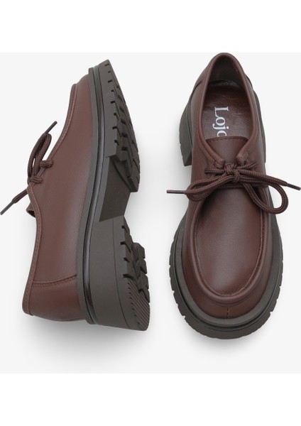 Kadın Hakiki Deri Loafer Bağcıklı Kalın Taban Günlük Ayakkabı Jekos Kahve