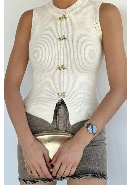 Kadın Gold Düğme Detaylı Triko Bluz P-00018640