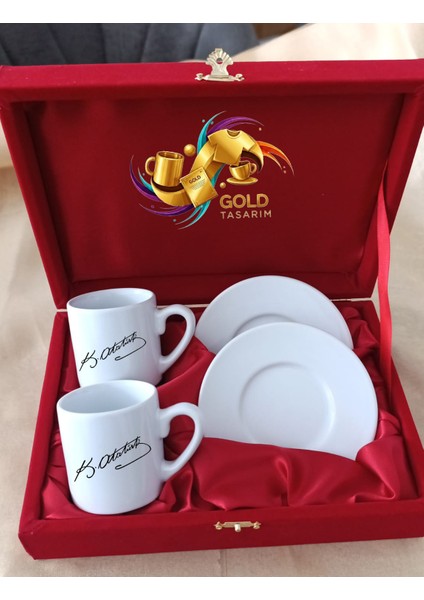 Atatürk Imzalı Özel Kadife Kutulu Ikili Türk Kahvesi Fincanı
