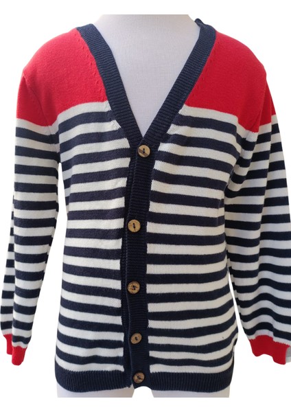 Erkek Çocuk Hırka Çizgili Önden Düğmeli 6-7 Yaş Kırmızı - Beyaz - Lacivert