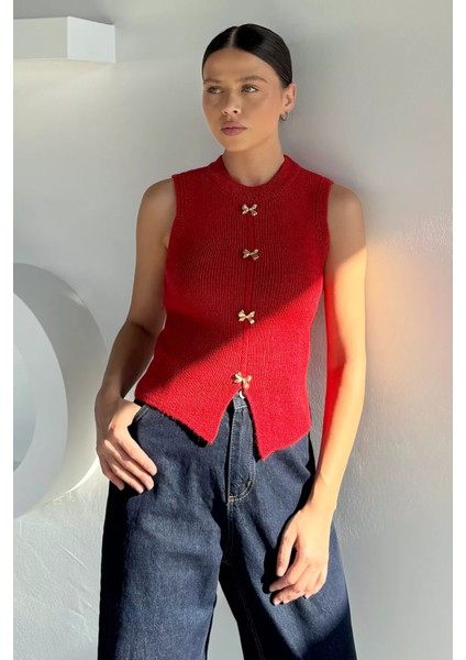 Kadın Gold Düğme Detaylı Triko Bluz P-00018640