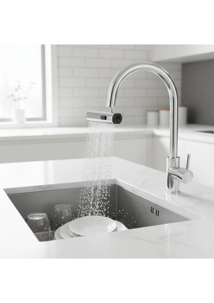 360 Derece Döner Musluk Başlığı Su Tasarruflu, 2'li Mod Köpük & Sprey