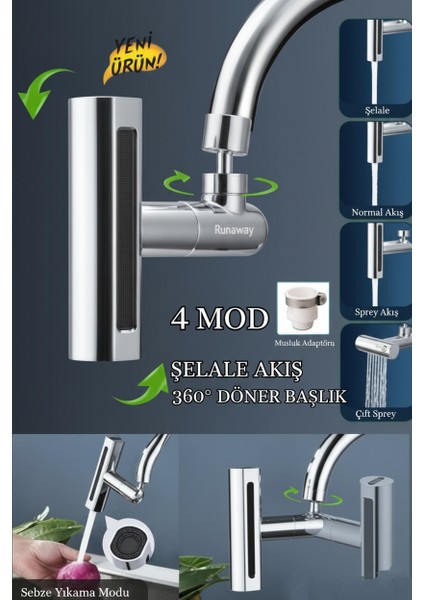 360 Derece Döner Musluk Başlığı Su Tasarruflu, 2'li Mod Köpük & Sprey