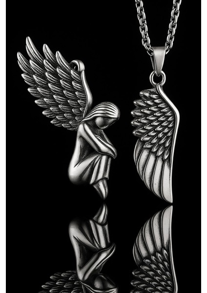Premium Çiftlere Özel Melek Kanadı & Diz Çöken Melek Kolye Seti