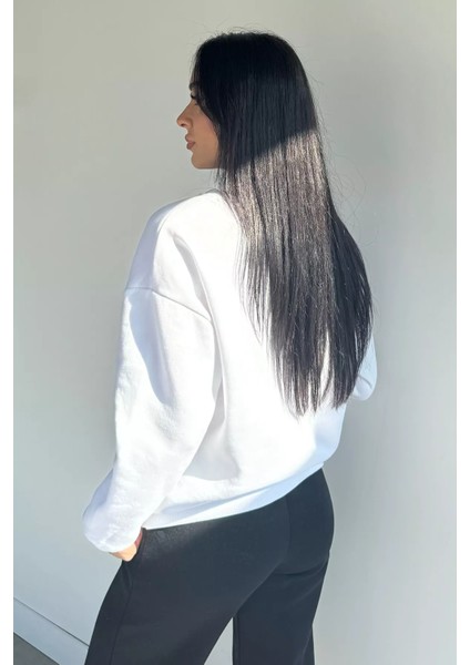 Kadın Ön Yazı Baskılı Bisiklet Yaka Şardonlu Sweatshirt P-00018608 fırsatları