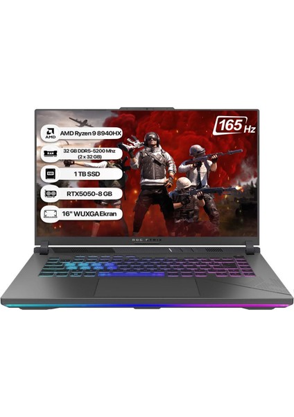 Rog Strix G16 G614PH-RV056 Amd Ryzen 9 8940HX 32GB 1tb SSD RTX5050-8GB 115W Freedos 16" 165Hz Wuxga Taşınabilir Bilgisayar