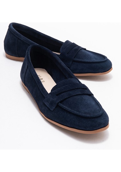 F02 Lacivert Süet Hakiki Deri Kadın Loafer Ayakkabı