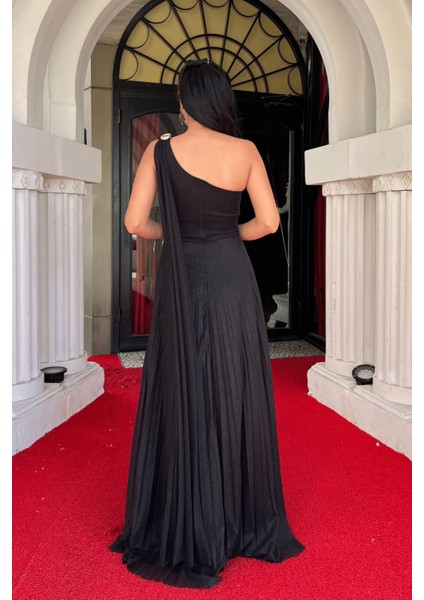 Simli Tül Kumaş Plise Detaylı Abiye Elbise - Siyah indirimleri