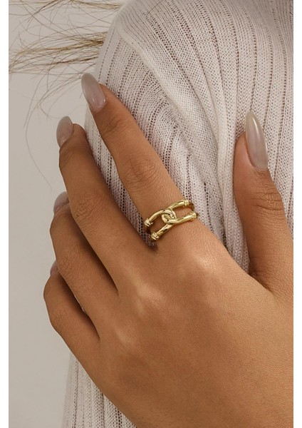 18 K Halka Zincir Altın Rengi Ayarlamalı Kadın Yüzük