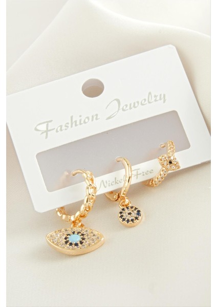 Msa-Shop 3 Adet Oval Nazar Zirkon Taşlı Küpe-Sarı