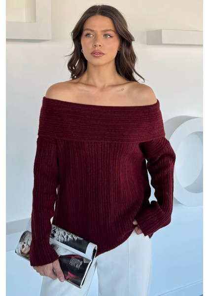 Kadın Madonna Yaka Kendinden Çizgi Desenli Triko Bluz P-00018618