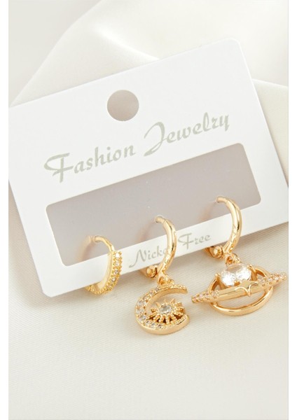 Msa-Shop 3 Adet Hilal Yıldız Zirkon Taşlı Küpe-Sarı