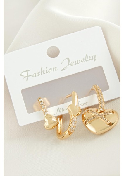 Msa-Shop 3 Adet Kalp Zirkon Taşlı Küpe-Gümüş Rengi