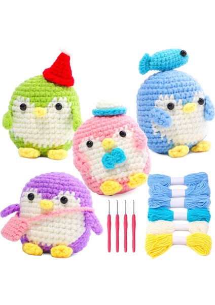4pcs Dıy Tığ Işi Penguen Kiti El Örgü Iplik Iğneleri Peluş Bebek Kolay (Mavi, Yeşil, Mor, Pembe) (Yurt Dışından)