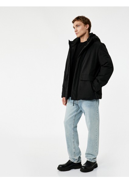 Çıtçıt Düğme Detaylı Fermuarlı Cepli Kapüşonlu Şişme Ceket fiyatları