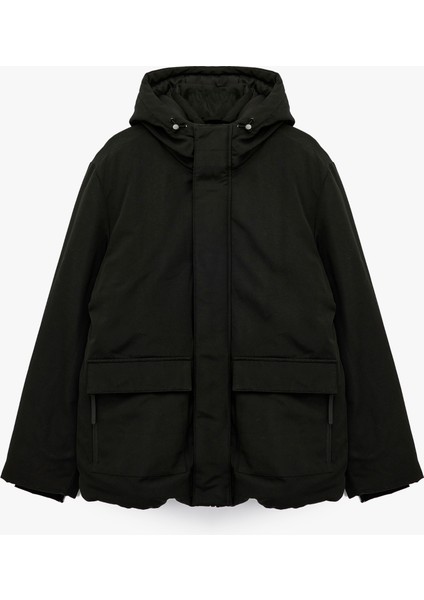 Çıtçıt Düğme Detaylı Fermuarlı Cepli Kapüşonlu Şişme Ceket modelleri