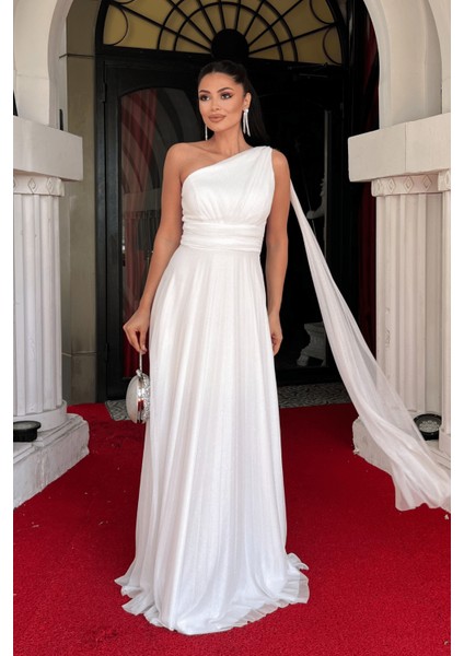 Simli Tül Kumaş Plise Detaylı Abiye Elbise - Beyaz