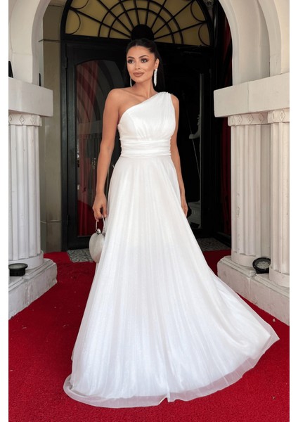 Simli Tül Kumaş Plise Detaylı Abiye Elbise - Beyaz fiyatları