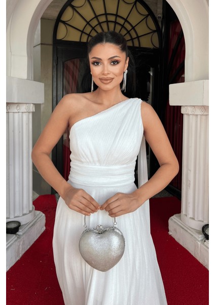 Simli Tül Kumaş Plise Detaylı Abiye Elbise - Beyaz fırsatları