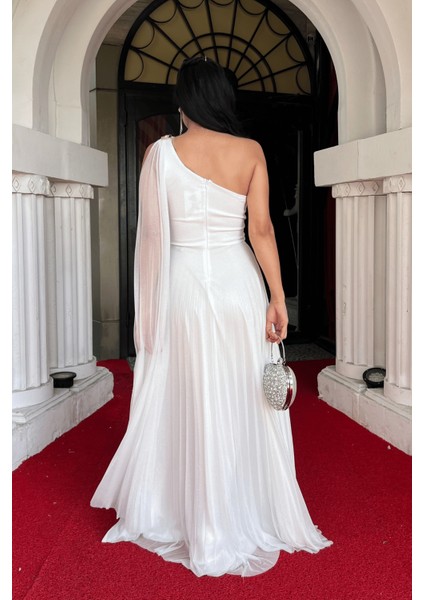 Simli Tül Kumaş Plise Detaylı Abiye Elbise - Beyaz indirimleri