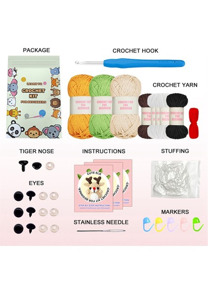3pcs tığ işi kiti malzeme paketi Seti DIY el yapımı tığ örme iplik hayvan (geyik, kaplan, kurbağa) (Yurt Dışından) modelleri