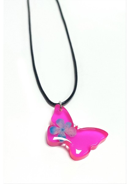 Msa-Shop Kartopu Çiçeği Kelebek Epoksi Kolye-Fuşya