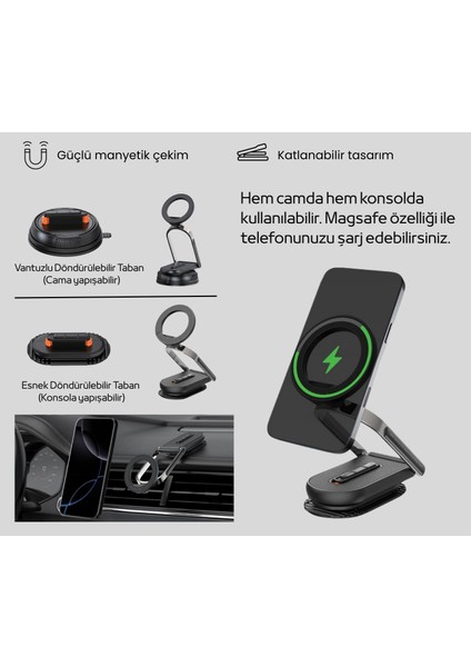 Araç Telefon Tutacağı Mıknatıslı-Vakumlu-3m(Çok Yönlü Kullanım + 360°DÖNEBILIR Katlanabilir Tasarım) modelleri