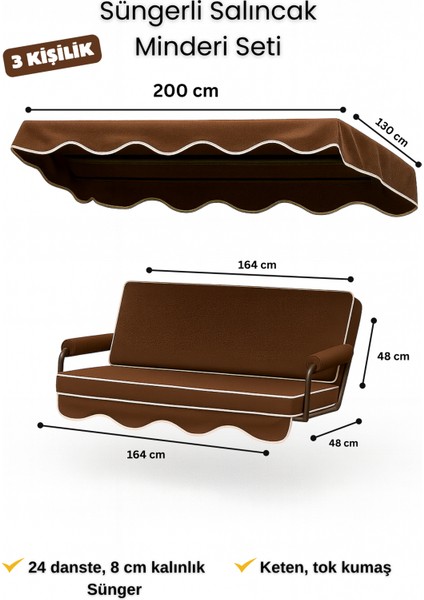 Keten Kumaş Süngerli Gölgelikli 3 Kişilik Salıncak Minderi 8 cm
