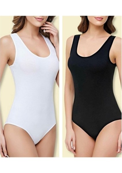 Tutku 10'lu Siyah ve Beyaz Renkler Kalın Askılı Çıtçıtlı (Kancalı) Kadın Body - Atlet