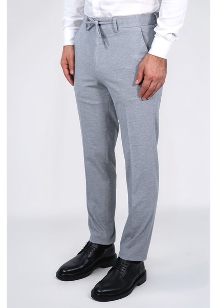 Hafif Dokulu Kendinden Kemerli Gri Jogger Tek Pantolon