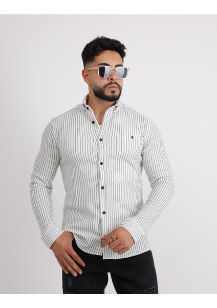 Likralı Örme Çizgili Waffle Kumaş Rahat Erkek Gömlek modelleri