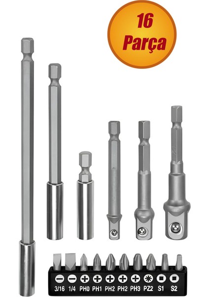 Mıknatıslı Bits Uç Adaptör Seti 16 Parça 1/4 1/2 3/8 1/4 Yıldız Düz Uçlar S1 S2 Ph Uç Matkap Uyumlu.