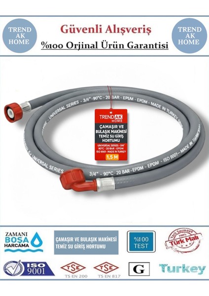 Çamaşır ve Bulaşık Makinesi Temiz Su Giriş Hortumu ( 1 M - 1,5 M - 2 M - 3 M - 4 M - 5 M )