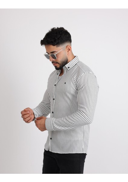 Likralı Örme Çizgili Waffle Kumaş Rahat Erkek Gömlek modelleri