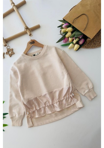 Fırfır Detaylı Lastikli Kız Çocuk Sweatshirt - Bej